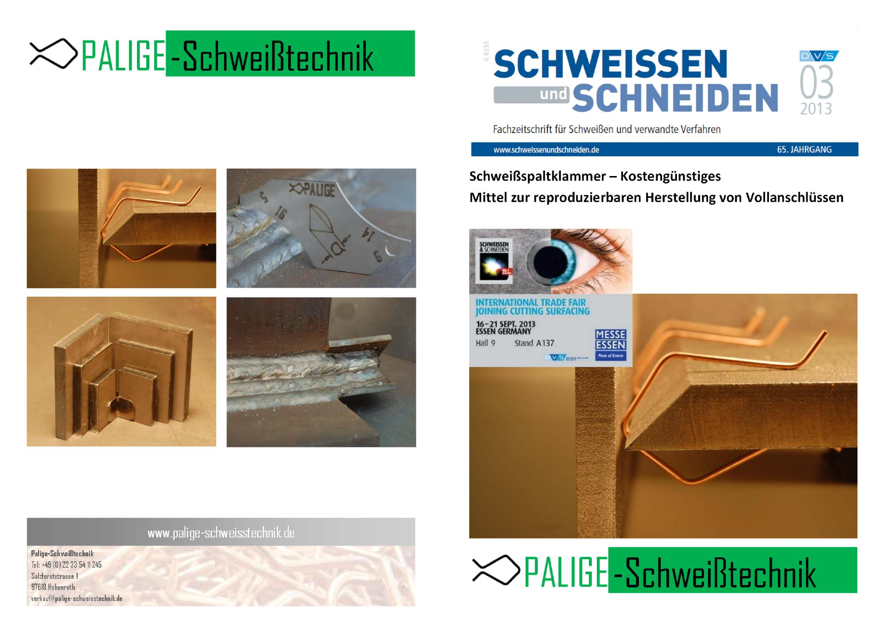Titelblatt des deutschen Sonderdrucks mit Schweißspaltklammer und Produktaufnahmen