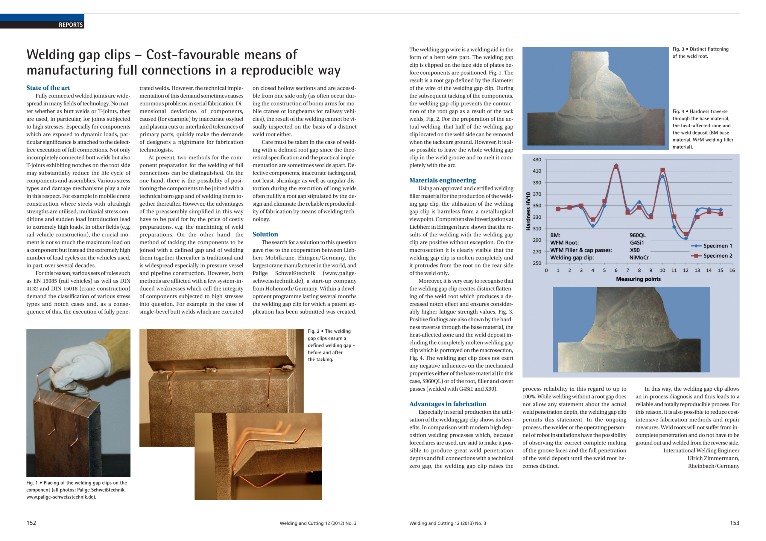 Englischer Fachbeitrag: Welding gap clips – Cost-favourable means of manufacturing full connections in a reproducible way. Doppelseite 152–153 mit Artikeltext, Anwendungsfotos, Makroschliffen und Härteverlauf.